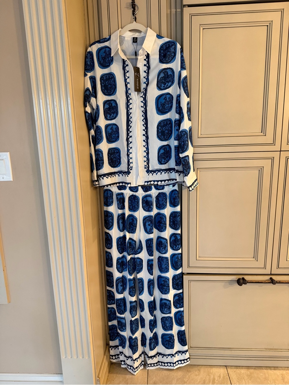 New TOTATUIT Blue White Bird Two-Piece Women's Dress Lounge Set Wide leg pants